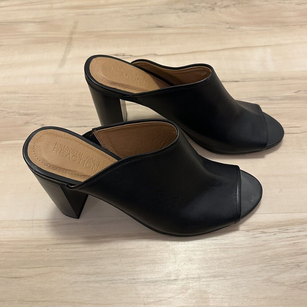 Kenneth Cole Reaction Women 9.5M Heels Mule Open Toe Stacked Leather Black New